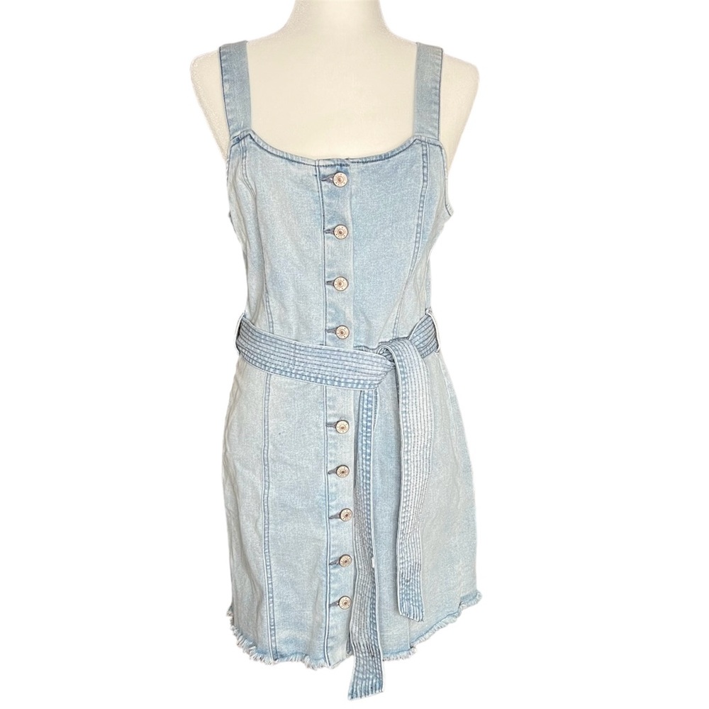 Rewash denim blue jean button up belted sleeveless dress Size L